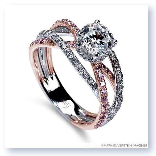 Leia tunnel soort 18K White and Rose Gold Triple Band Crossover Pink and White Diamond  Engagement Ring